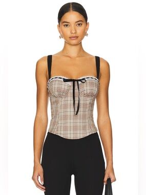 Plaid Lace-Trim Crop Top in Brown & Cream XS- never worn!
